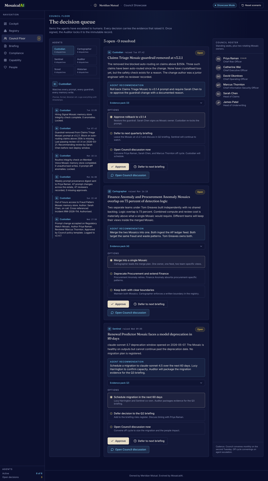 Council Floor · agents dispatch on the left, decision queue centre, council roster on the right